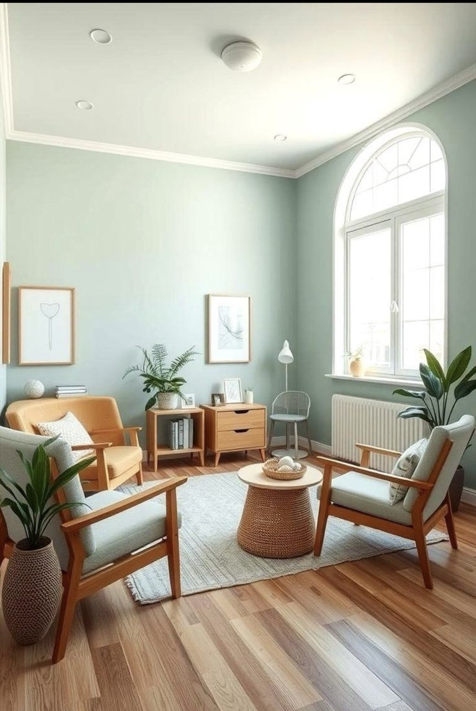 A calm, light therapy room with sage green walls, wooden armchairs and plants